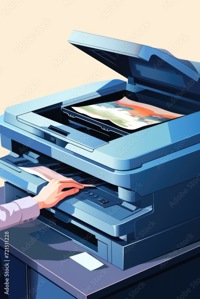 Poster a woman is using a printer to print a piece of paper. this image can be used to illustrate office wo