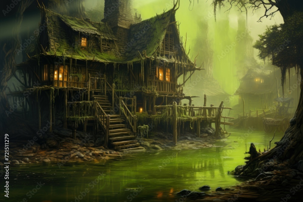 Poster a painting depicting a house situated in the middle of a swamp. this artwork can be used to convey a