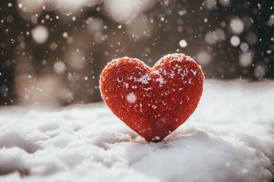 A red heart rests on the pristine white snow, symbolizing love and affection. This image can be used to convey emotions, Valentine's Day themes, or winter romance