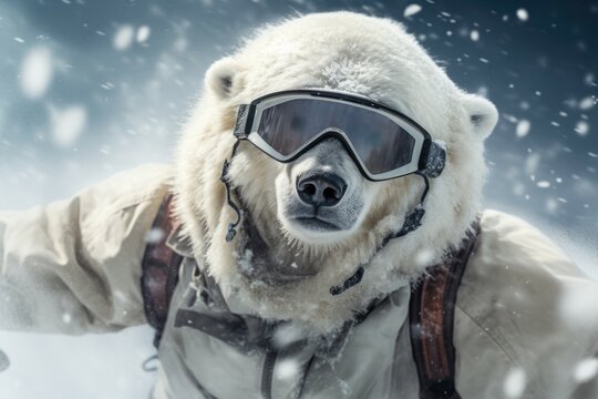 A picture of a polar bear dressed in a snow suit and wearing goggles. Suitable for winter-themed designs and illustrations