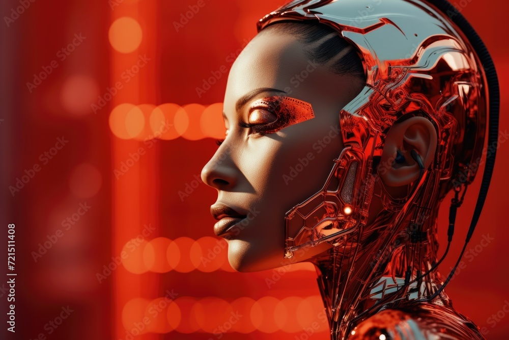 Aufkleber Close up of a woman's face with a red light in the background. Versatile image suitable for various concepts and themes