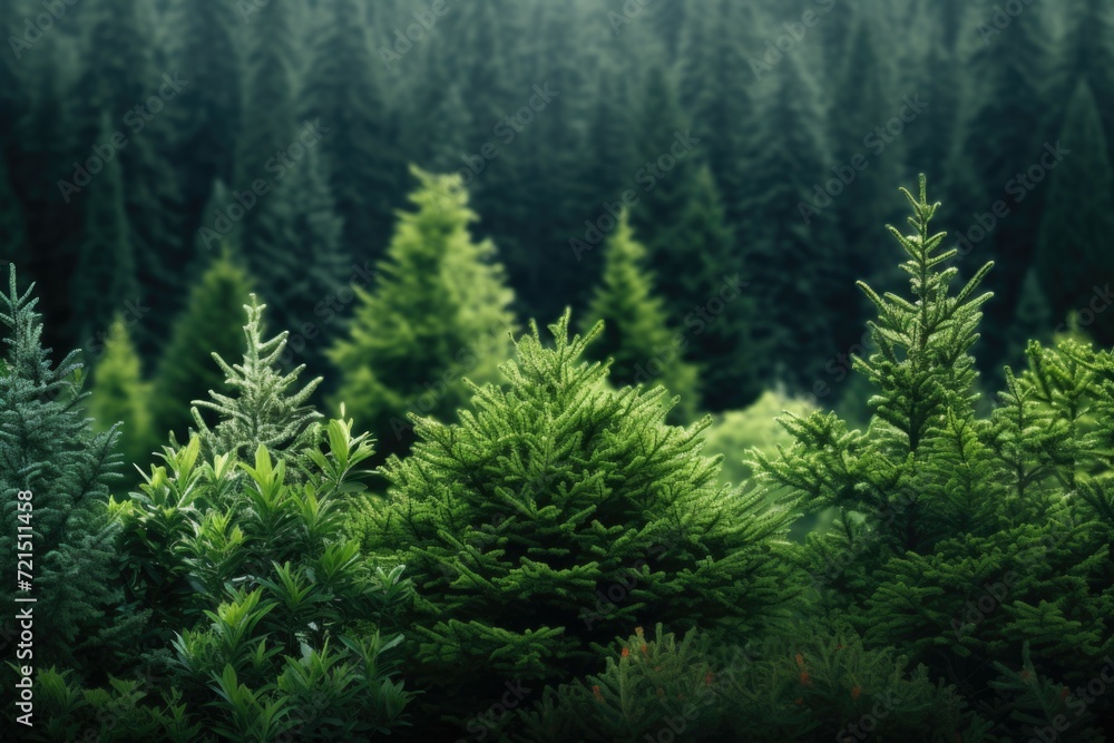 Poster a picturesque view of a lush green forest filled with an abundance of trees. ideal for nature enthus