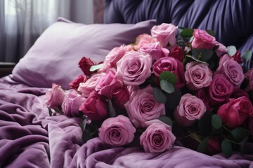 A beautiful bouquet of pink roses placed on a bed. Perfect for romantic occasions or home decor