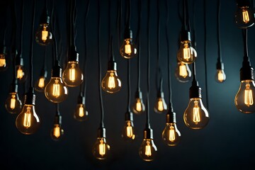 Glowing light bulb floating above a cluster of dim bulbs on a dark background