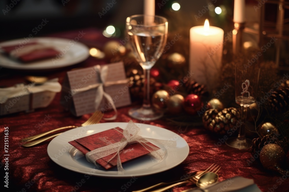 Poster a white plate topped with a red napkin sits next to a glass of wine. this image can be used to portr