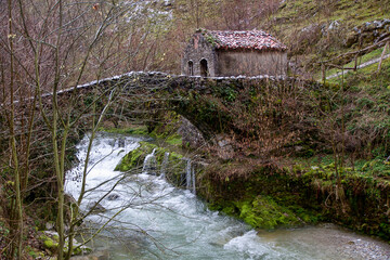 Old bridge over the river and a small house