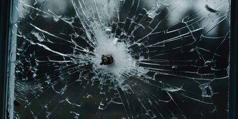 A broken glass window with a hole in it. Suitable for illustrating vandalism, break-ins, or accidents involving glass