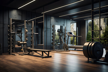 modern home gym with wall-to-wall mirrors and rubberized