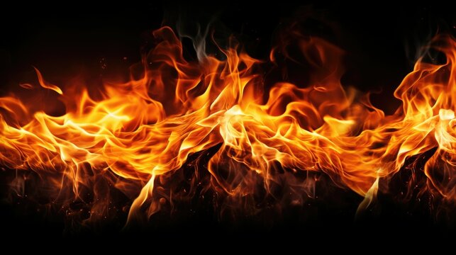 A close up of a fire on a black background. Can be used for various design projects