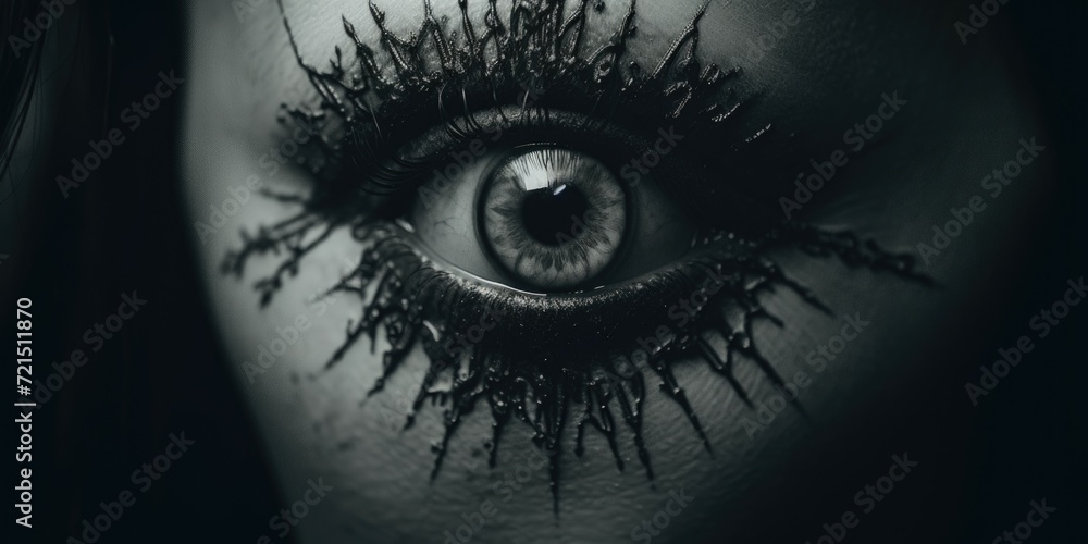 Poster a close-up view of a person's eye with black paint applied to it. this image can be used to depict c