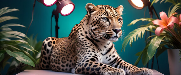 Naklejka premium Majestic Spotted Leopard Poised Elegantly Under Studio Lighting Against a lush studio Backdrop, wallpaper