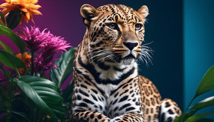 Fototapeta premium Majestic Spotted Leopard Poised Elegantly Under Studio Lighting Against a lush studio Backdrop, wallpaper