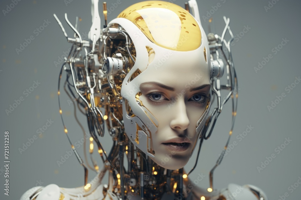 Poster A close-up view of a person with a robot head. This unique image can be used for various futuristic and technology-related concepts