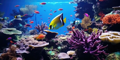 A fish swimming in an aquarium with vibrant corals and other colorful fish. Perfect for aquarium enthusiasts or educational materials on marine life