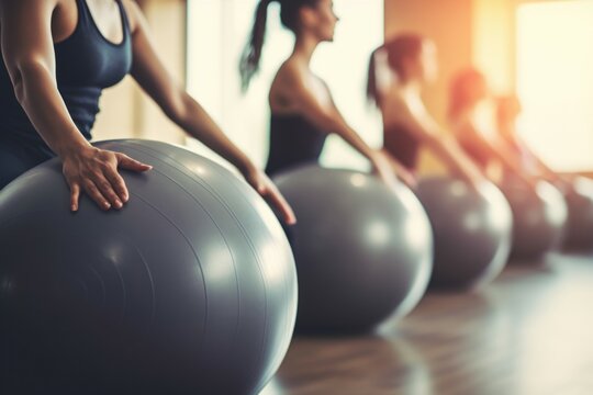 Women in a gym using exercise balls. Versatile image suitable for fitness and health-related projects
