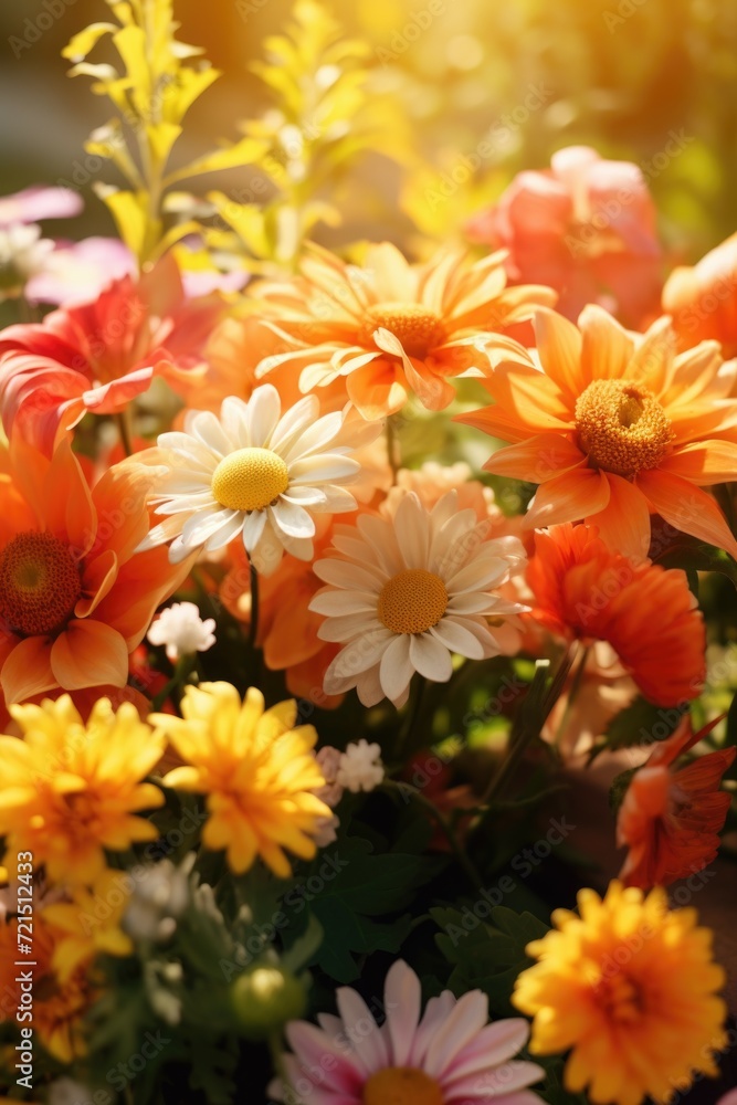 Poster A close-up view of a bunch of colorful flowers. Perfect for adding a touch of nature and beauty to any project