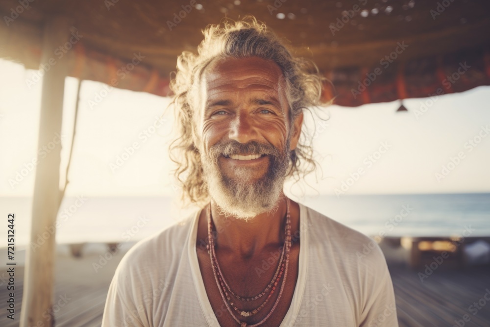 Poster a man with long hair and a beard smiling at the camera. suitable for various projects