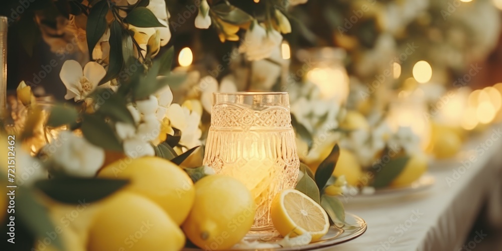 Poster a table with lemons and a refreshing glass of water. perfect for showcasing the vibrant colors of le