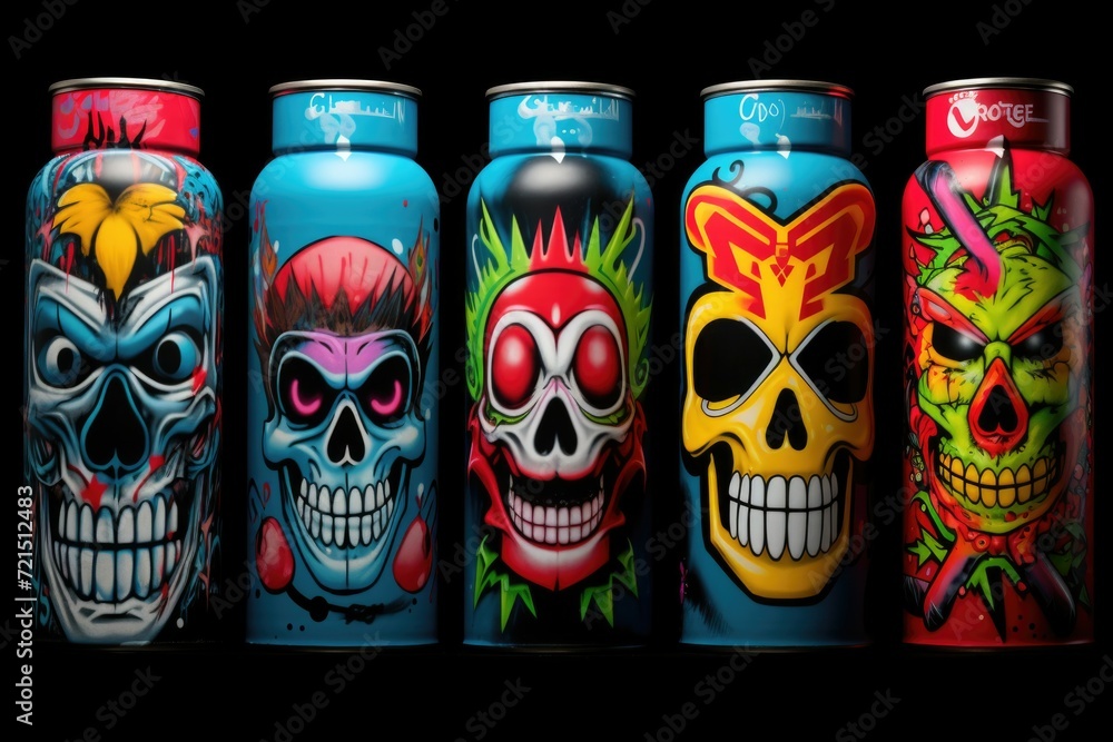 Poster A collection of cans featuring different designs. Versatile image suitable for various uses