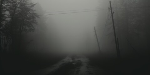 A black and white photo of a foggy road. Suitable for various creative projects