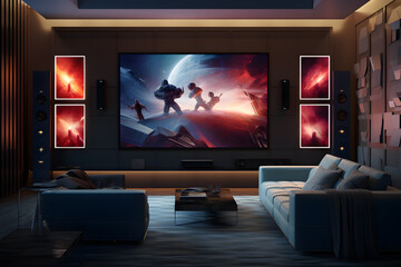 modern home theater with plush tiered seating