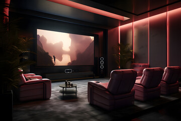 modern home theater with plush tiered seating - obrazy, fototapety, plakaty