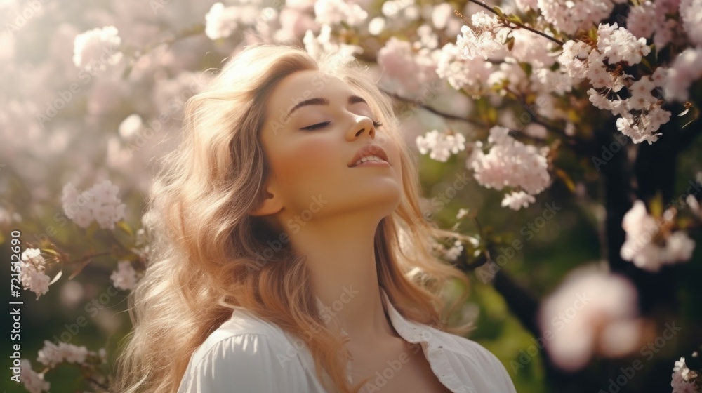Poster a woman stands gracefully in front of a beautiful flowering tree. perfect for nature and springtime 