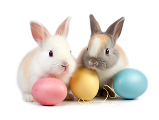 Two Super Cute Easter baby bunnies, with few colorful easter eggs, studio image on white background, Easter baby bunny