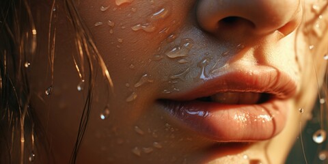 A close-up shot of a woman's face with water droplets. Perfect for skincare or beauty concepts
