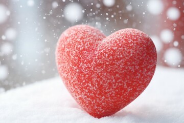 A red heart sits on top of snow-covered ground. Perfect for Valentine's Day greetings or winter-themed designs