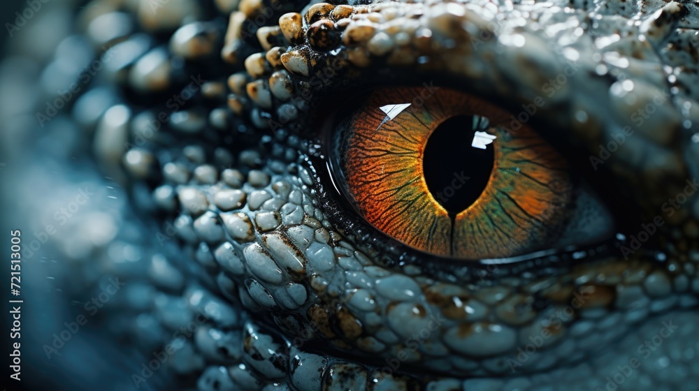 Poster a detailed view of a lizard's eye, capturing its intricate patterns and vibrant colors.
