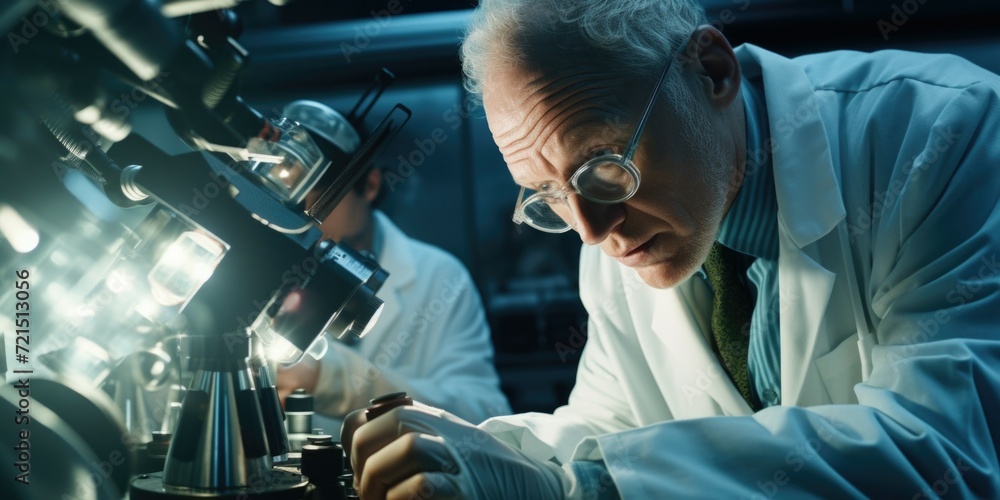 Poster A man in a lab coat observing through a microscope. Suitable for scientific research and laboratory concepts