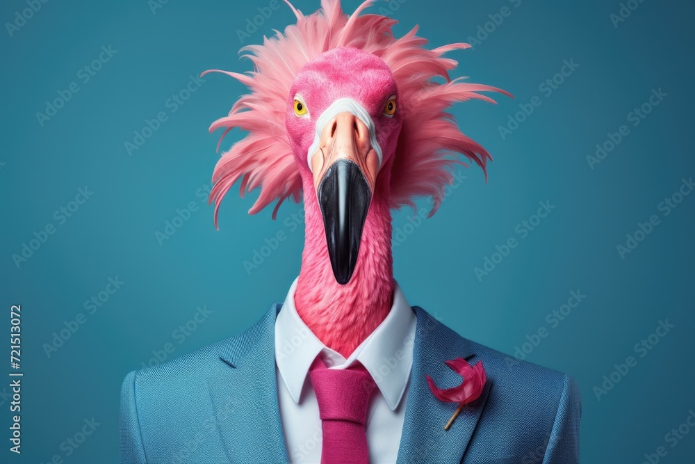 Poster a pink flamingo dressed in a suit and tie. perfect for adding a touch of whimsy and elegance to any 