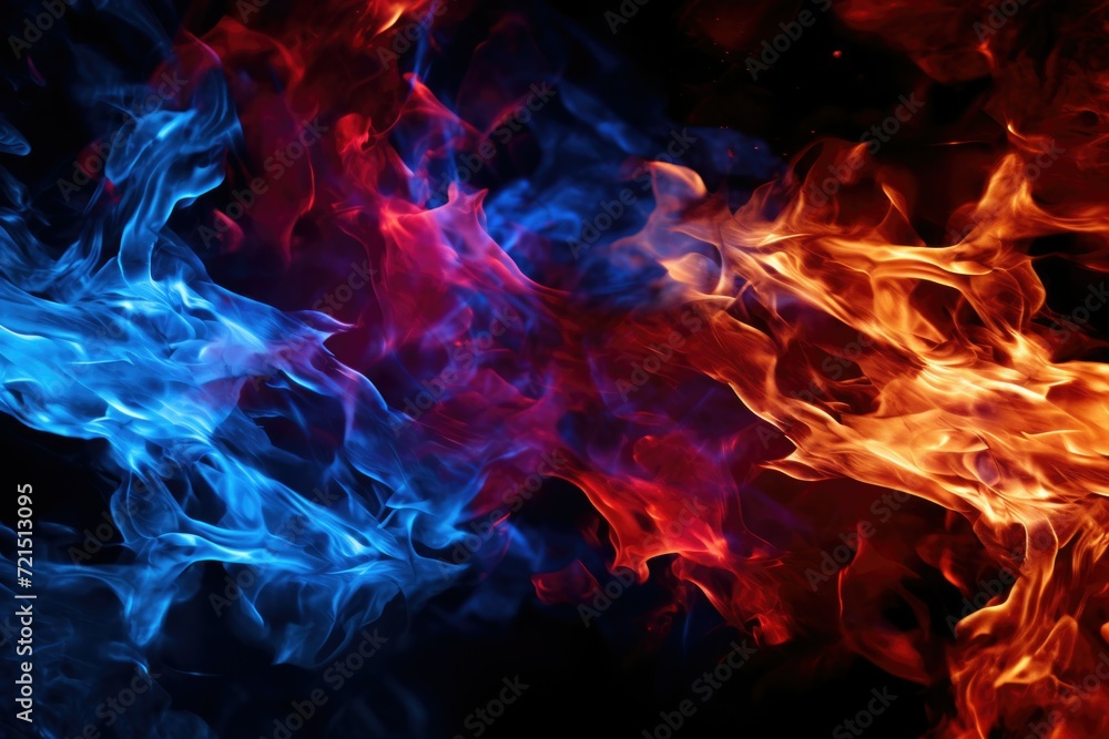 Poster Close up of vibrant red and blue fire on a dark black background. Perfect for adding an intense and dynamic element to your design projects