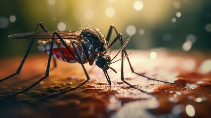A detailed close-up of a mosquito on a surface. Ideal for illustrating insect behavior or capturing the intricate details of a mosquito. - obrazy, fototapety, plakaty