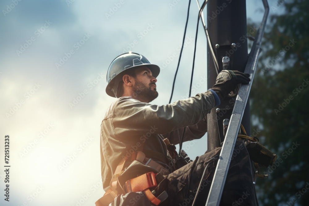 Poster a man in a hard hat climbing up a power pole. suitable for illustrating professions, electrical work