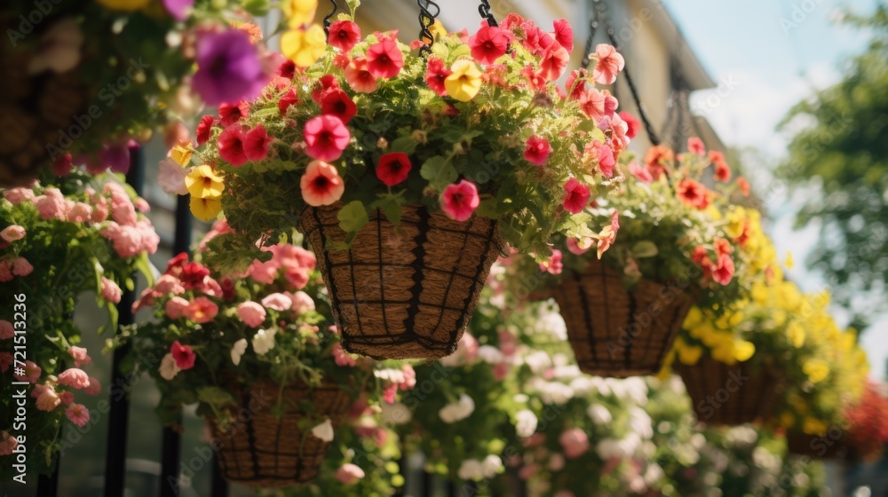 Poster a row of hanging baskets filled with colorful flowers. perfect for adding a touch of beauty to any s