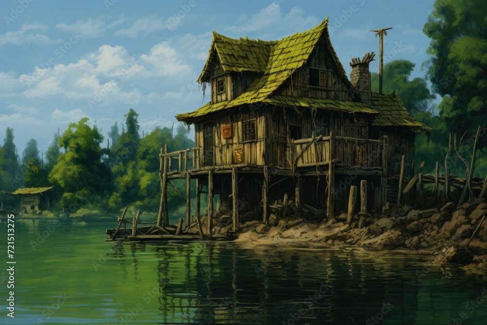 Aufkleber A picturesque painting of a house nestled on the serene shores of a beautiful lake. Perfect for adding a touch of tranquility and nature to any space