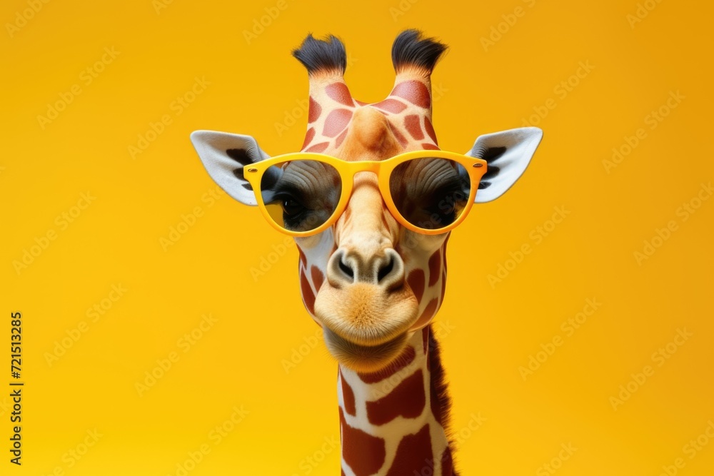 Poster close up of a giraffe wearing sunglasses. perfect for adding a fun and quirky touch to any project