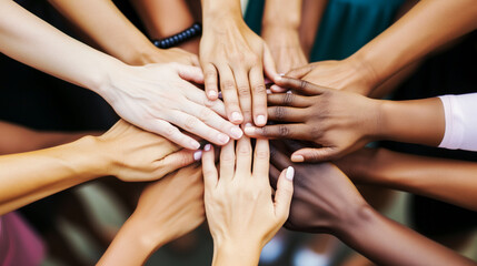 Close-up of diverse female hands piled together in unity - obrazy, fototapety, plakaty