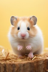 A hamster standing on a piece of wood. Perfect for animal lovers and pet owners