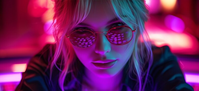 A mysterious girl stands in a neon-lit city, her face hidden behind sunglasses as she radiates an aura of magenta and violet hues