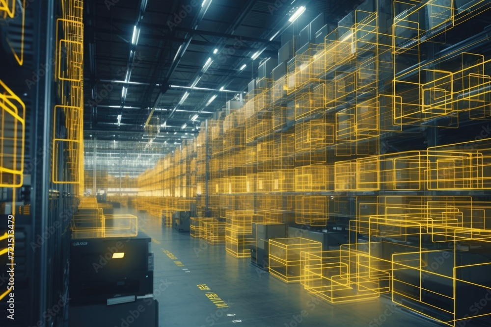 Poster a large warehouse filled with boxes. perfect for illustrating concepts related to storage, logistics