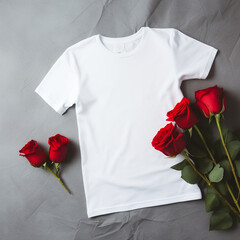 white plain tshirt Printify flat lay mockup on black marble, bouquet of red roses on bottom of marble сreated with Generative Ai