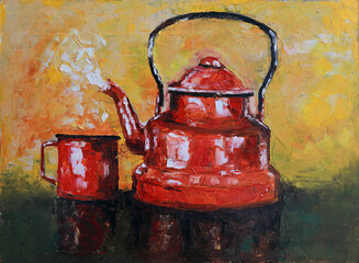 Acrylic painting of a red teapot with a cup standing on a stump on a yellow background