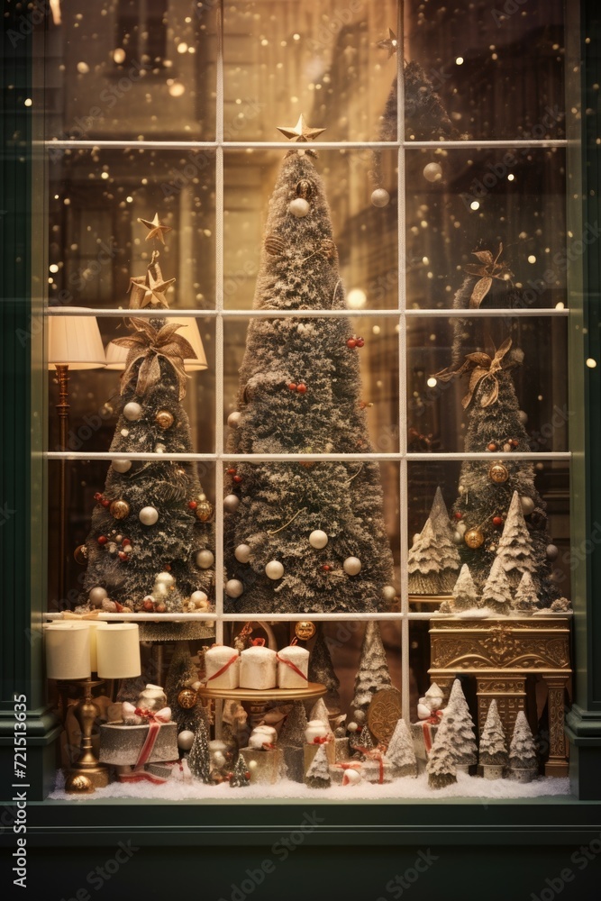 Poster a festive window display featuring beautifully decorated christmas trees and other holiday decoratio