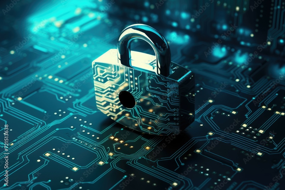 Fototapete close up of a lock on a circuit board. suitable for technology and security concepts