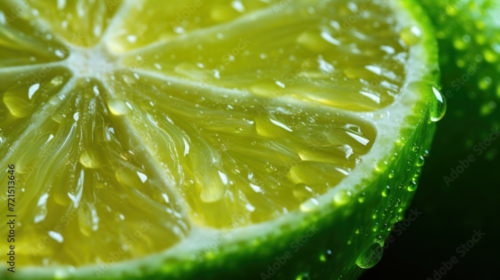 Poster A close-up view of a slice of lime. This refreshing citrus fruit can be used to add a burst of flavor to drinks, dishes, and desserts