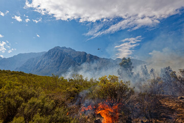 Obraz na płótnie Canvas A wildfire raging across dry brush land near Worcester, Western Cape, South Africa.