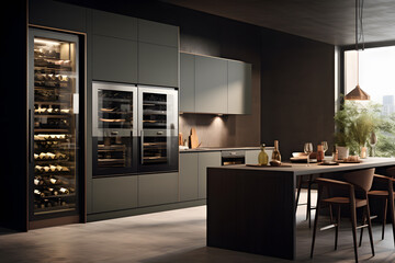 modern kitchen with a double oven and a wine cooler